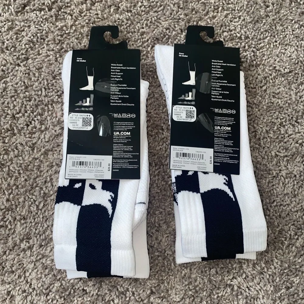 UA Project Rock Playmaker Socks Training Crew 2 Pair Unisex 8.5-13 1362703 White